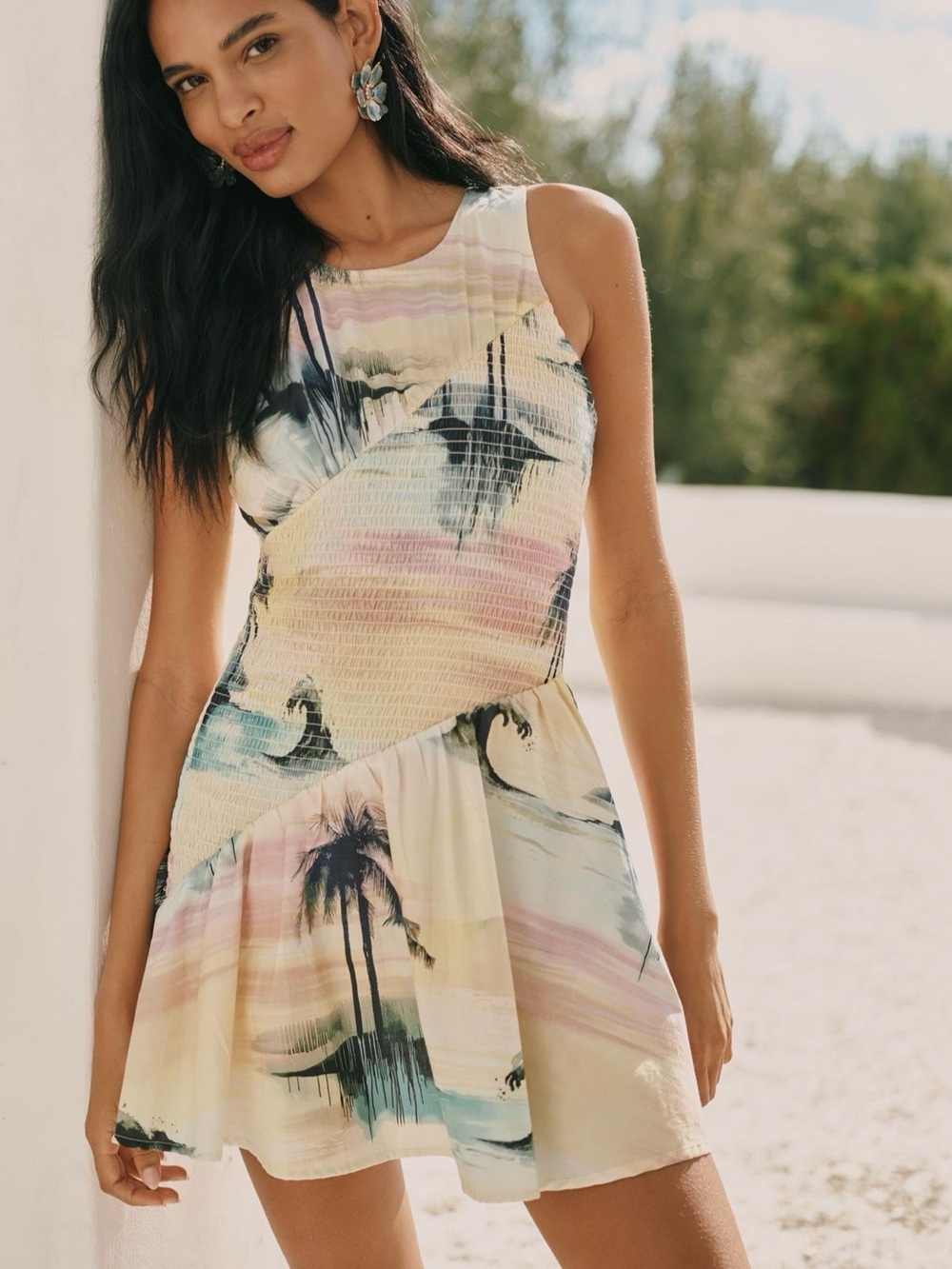 NWT Anthropologie Celandine Blue Crush Mini Dress Tropical Print Smocked Size S